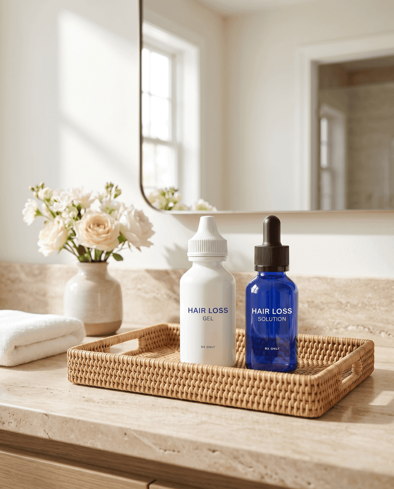 Strut Women's Hair Growth Formula bottles on a wooden tray with flowers