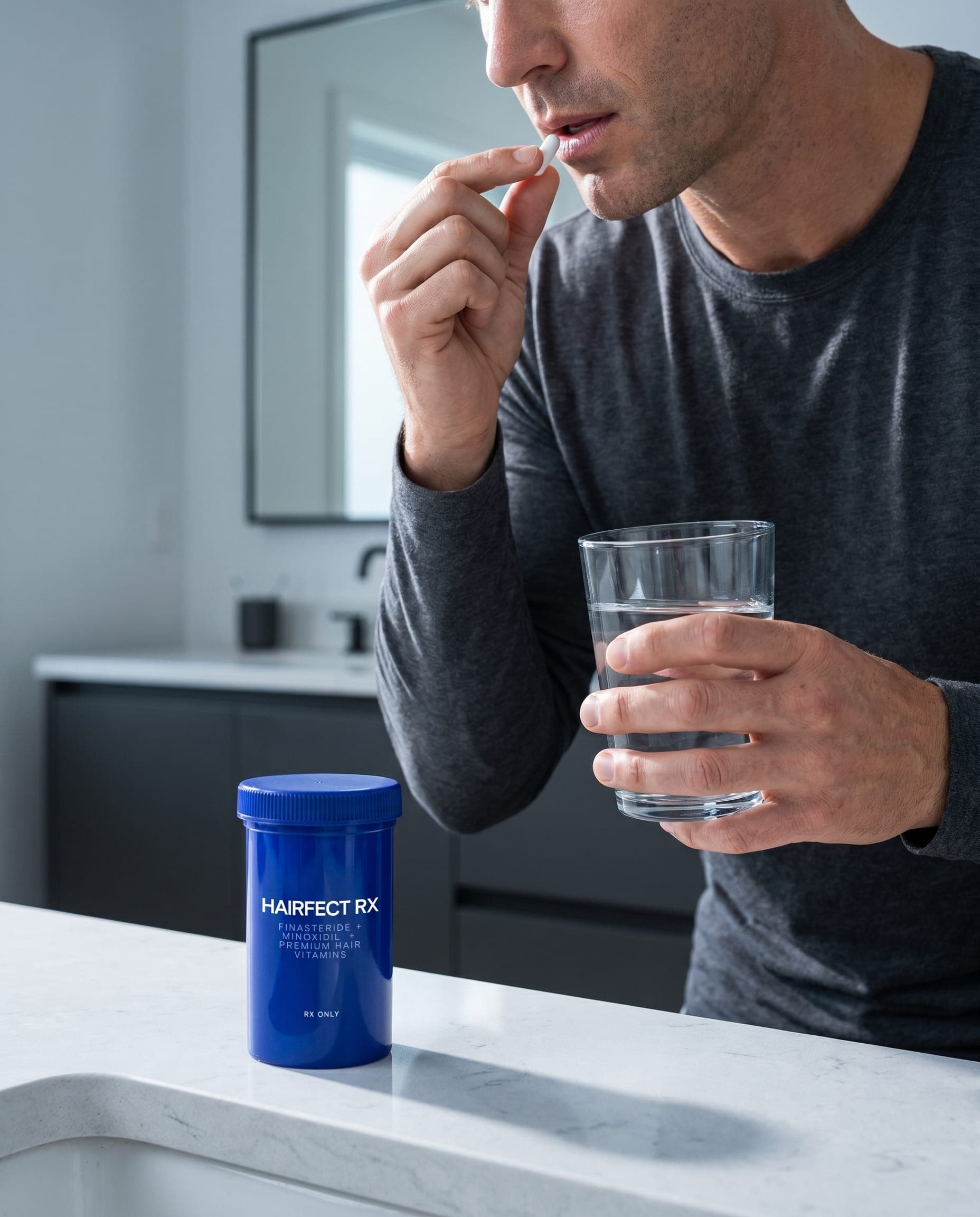Man taking a HairfectRx Finasteride capsule with a glass of water, bathroom counter