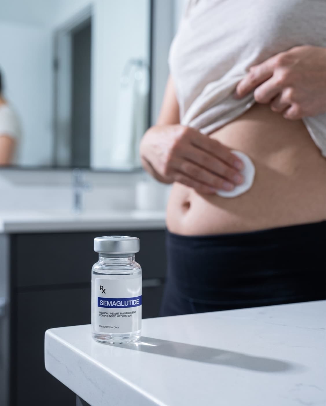 Person applying an alcohol prep pad next to a compounded Semaglutide vial on a bathroom counter
