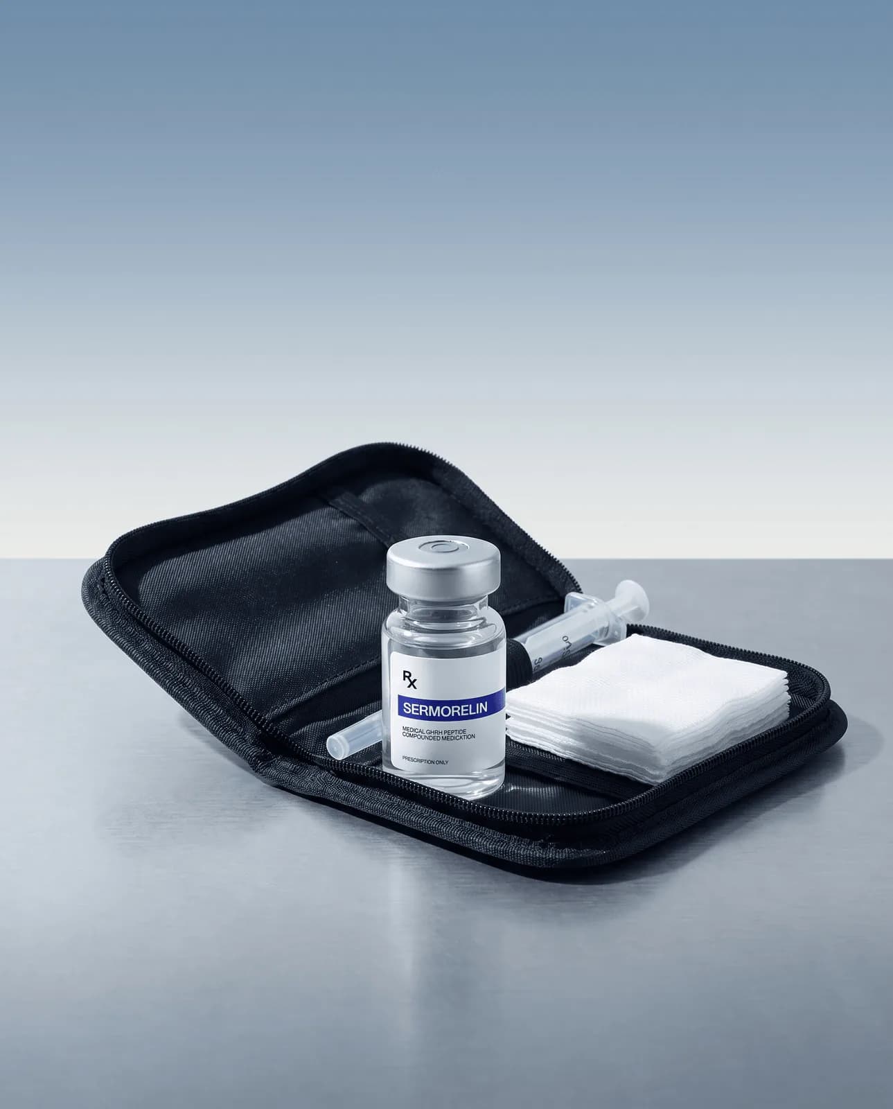 Injectable Sermorelin vial and syringe in a zippered travel case