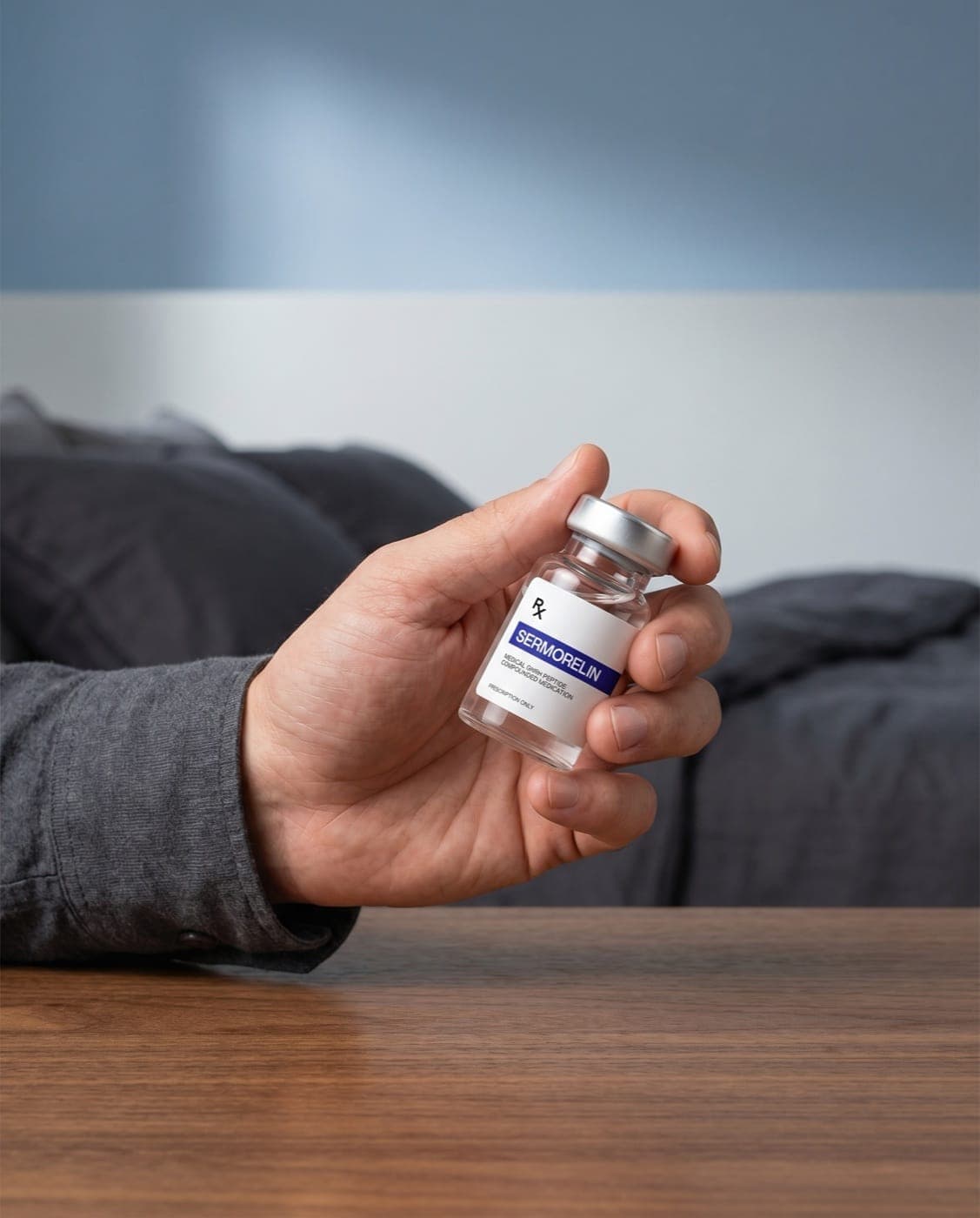 Hand holding a compounded Sermorelin vial next to a nightstand