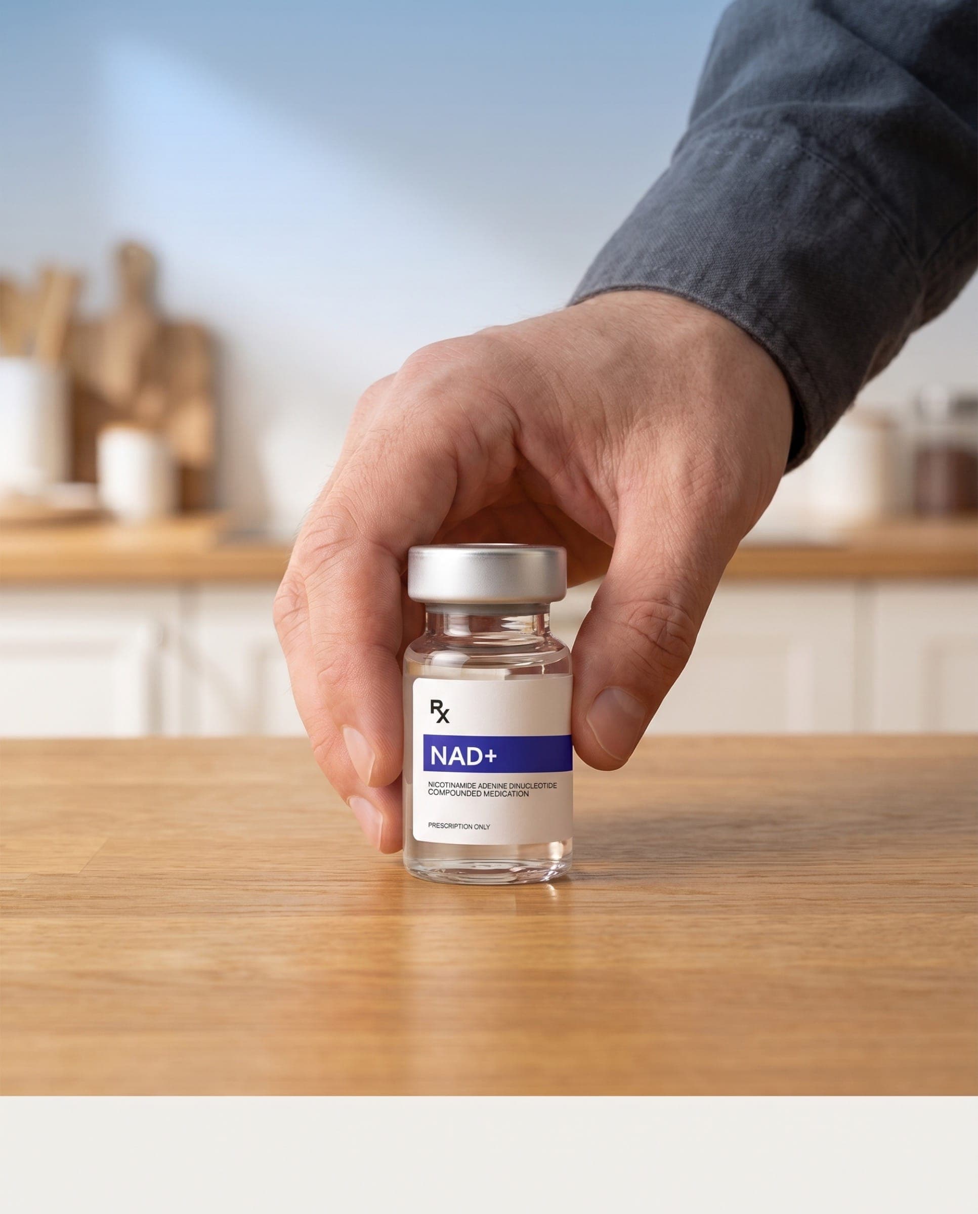 Hand placing a vial of compounded NAD+ on a kitchen counter