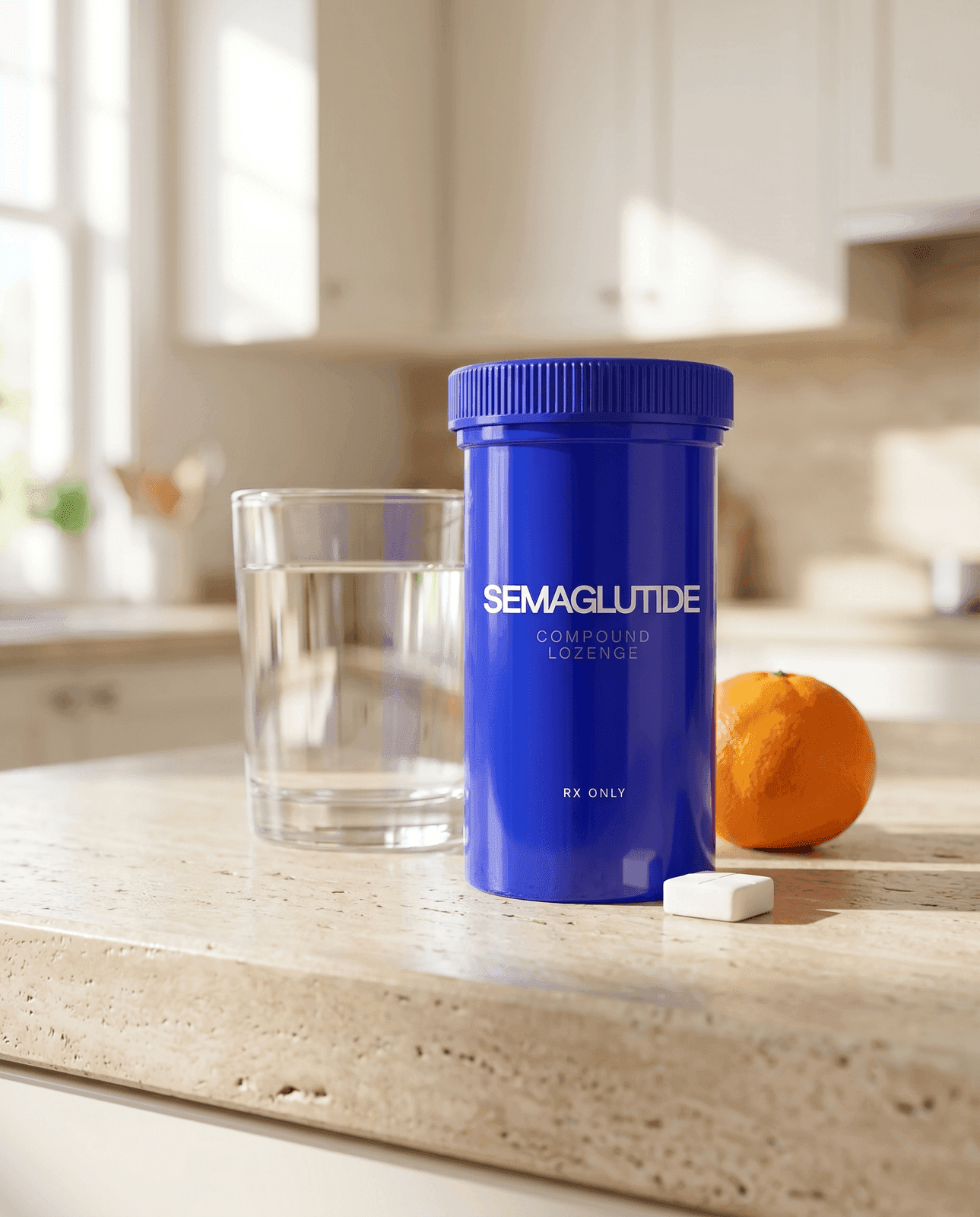 Compounded Semaglutide oral lozenge bottle on a kitchen counter with water and orange