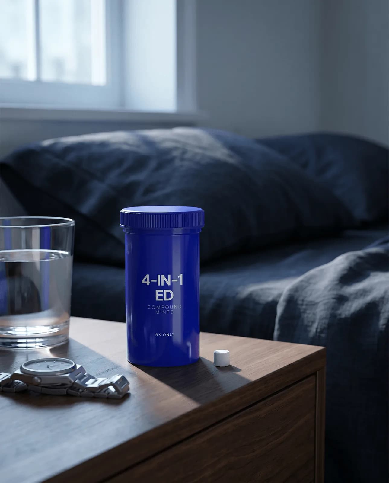 Compounded 4-in-1 ED tablets jar on a nightstand