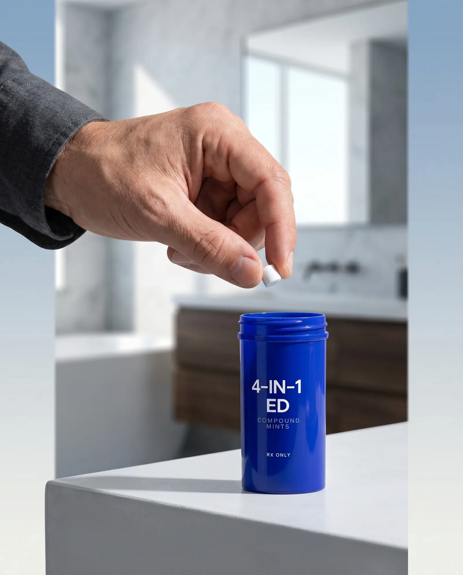 Hand dropping a compounded dissolvable tablet next to a 4-in-1 ED bottle on a bathroom counter