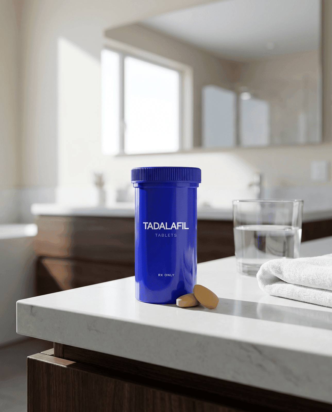 Tadalafil tablets bottle on a bathroom counter