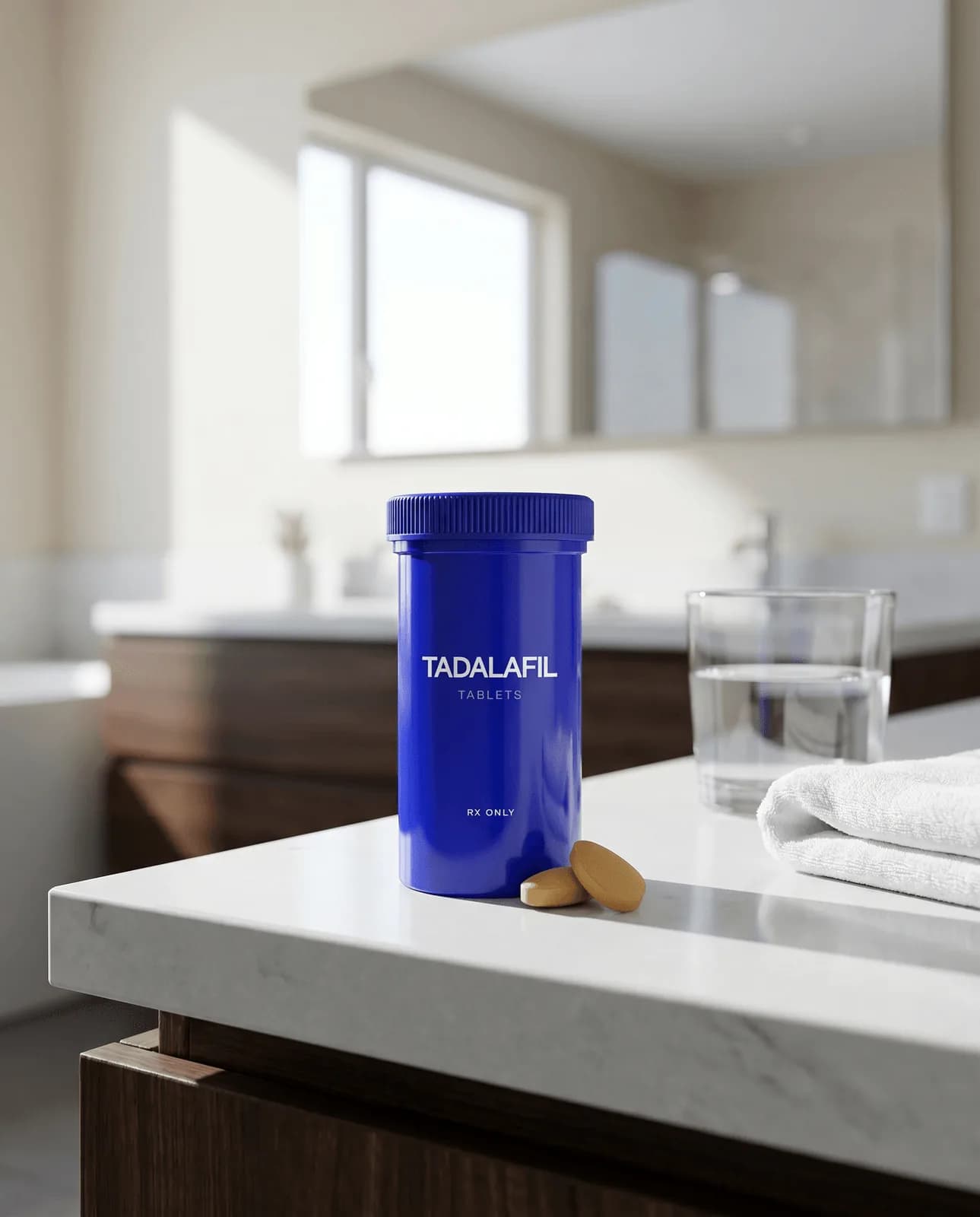 Tadalafil tablets bottle on a bathroom counter
