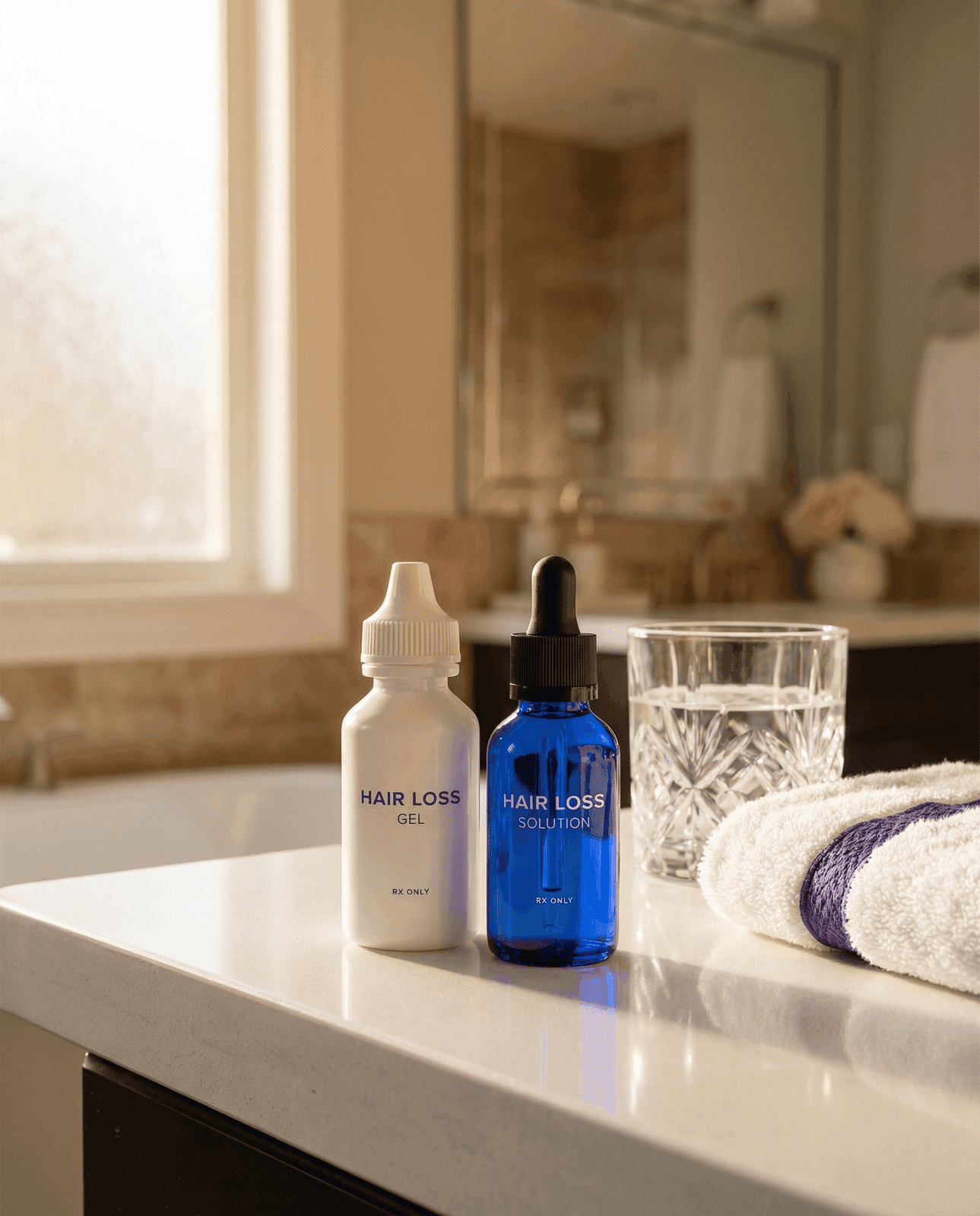 Strut Topical Dutasteride Formula bottles still life on a bathroom counter